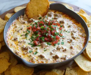Creamy sausage and cream cheese dip served with fresh chips, perfect for parties