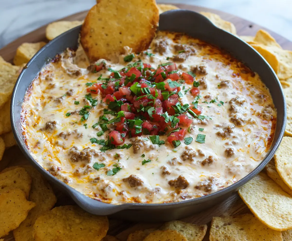 Creamy sausage and cream cheese dip served with fresh chips, perfect for parties