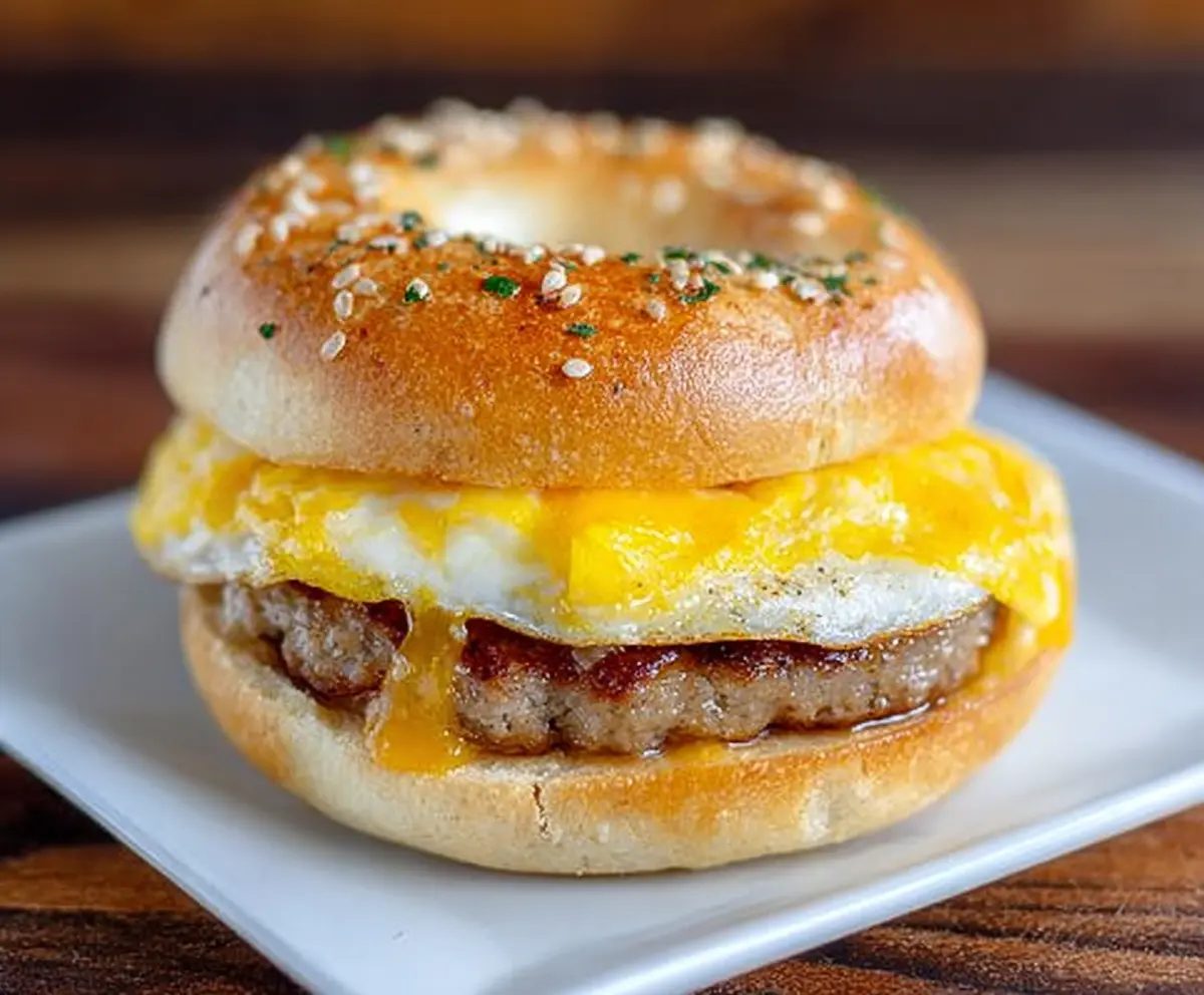 Delicious sausage egg breakfast bagel with melted cheese and fresh toppings