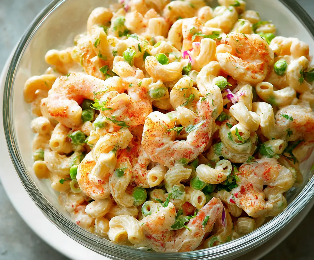 Seafood macaroni salad with shrimp, perfect for a refreshing summer appetizer