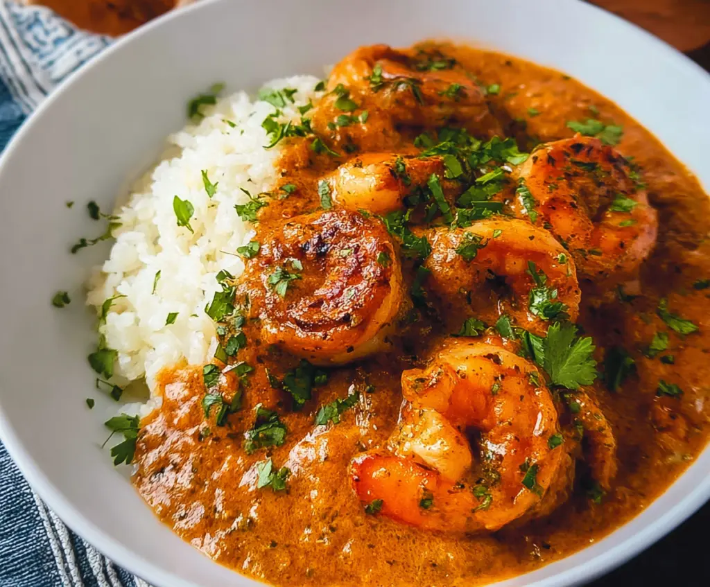 Delicious shrimp tikka masala served with rice and fresh herbs on a white plate.