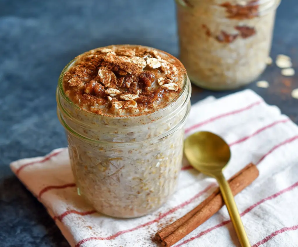 Creamy snickerdoodle overnight oats topped with cinnamon and sugar for a delicious breakfast.