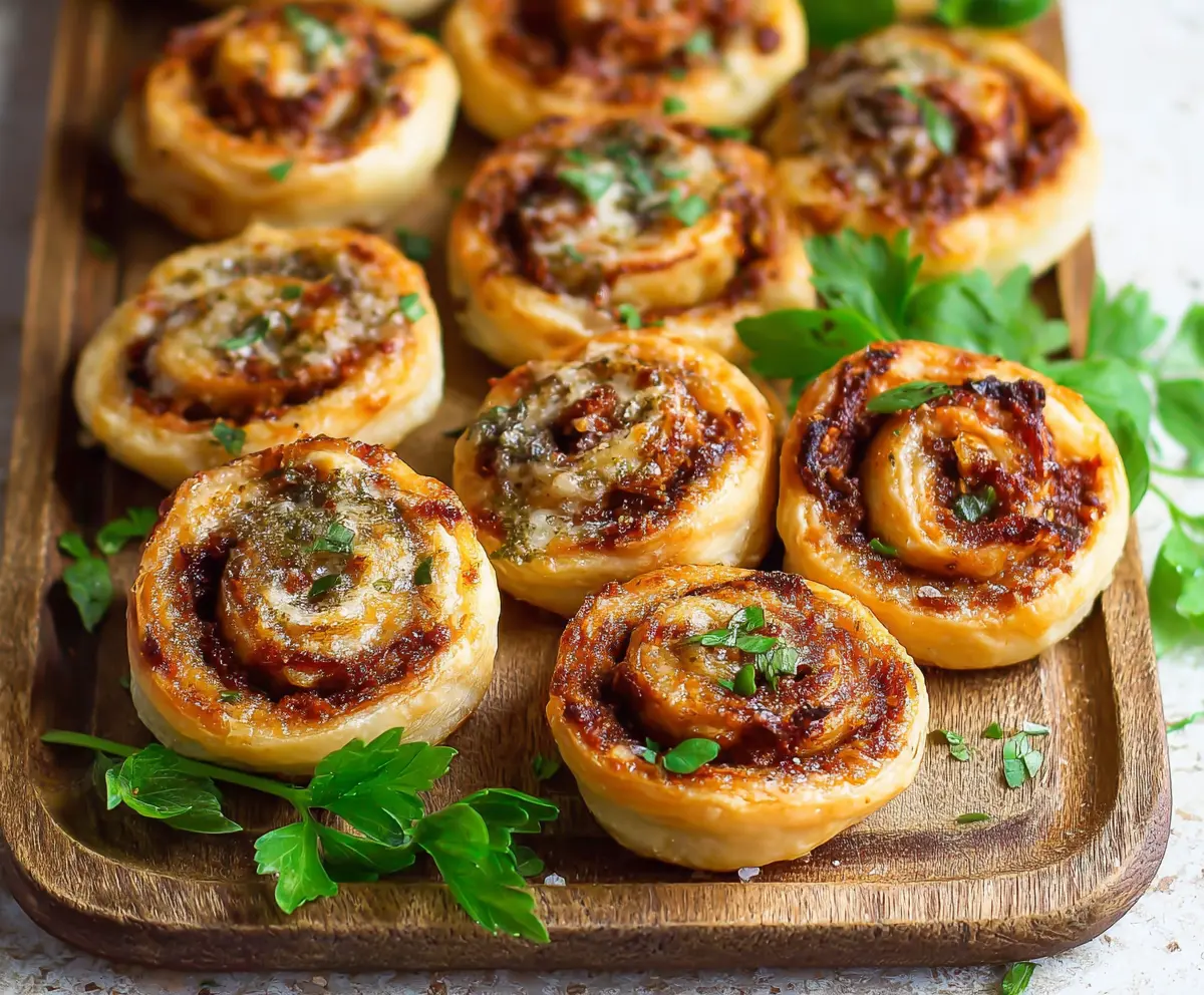 Delicious Sun-Dried Tomato Pesto Pinwheels with flaky pastry and basil garnish.