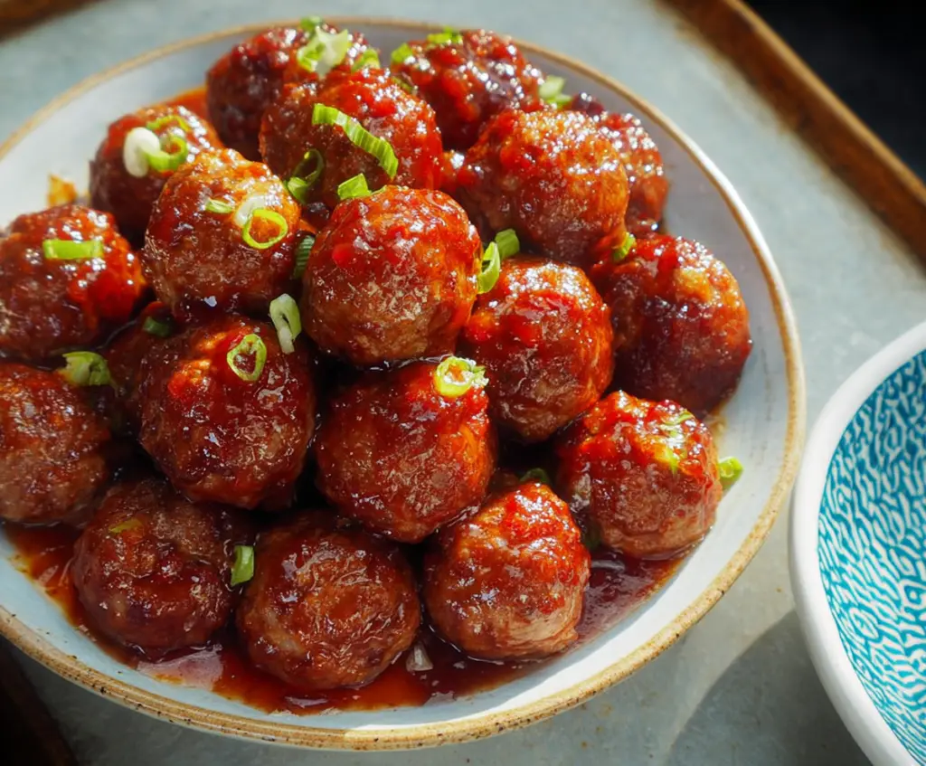 Plate of sweet and spicy meatballs garnished with herbs on a white serving platter.