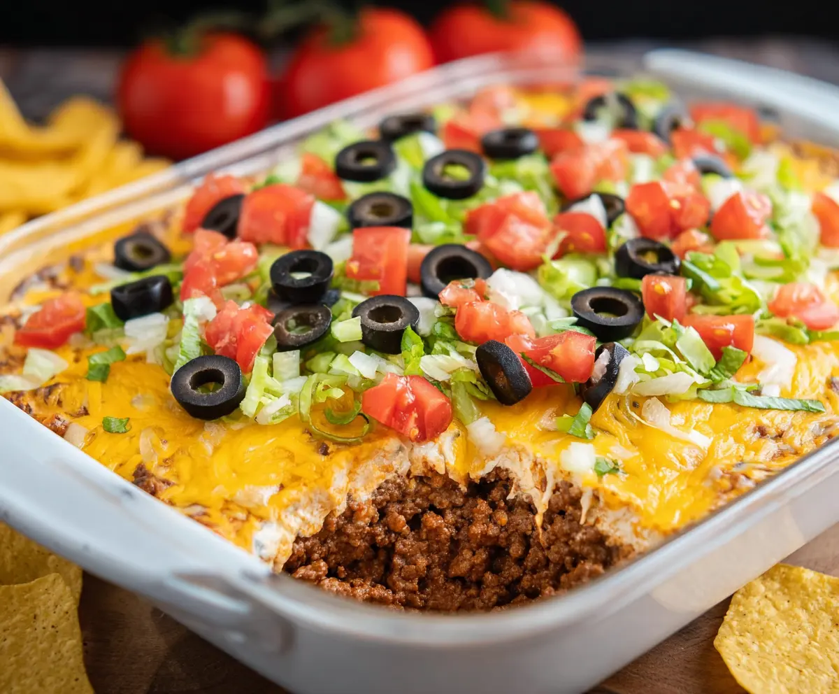 Delicious taco dip with seasoned ground beef, crispy tortilla chips, and fresh toppings