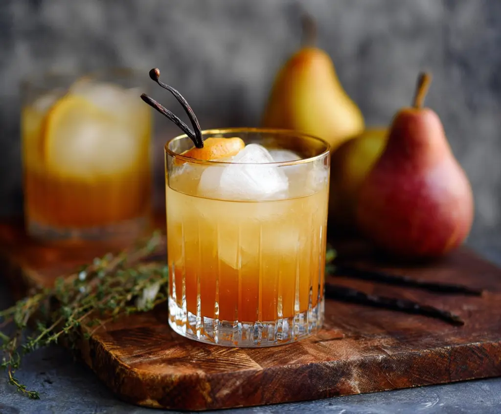 Elegant Vanilla Pear Bourbon Cocktail in a glass garnished with a pear slice and vanilla bean.