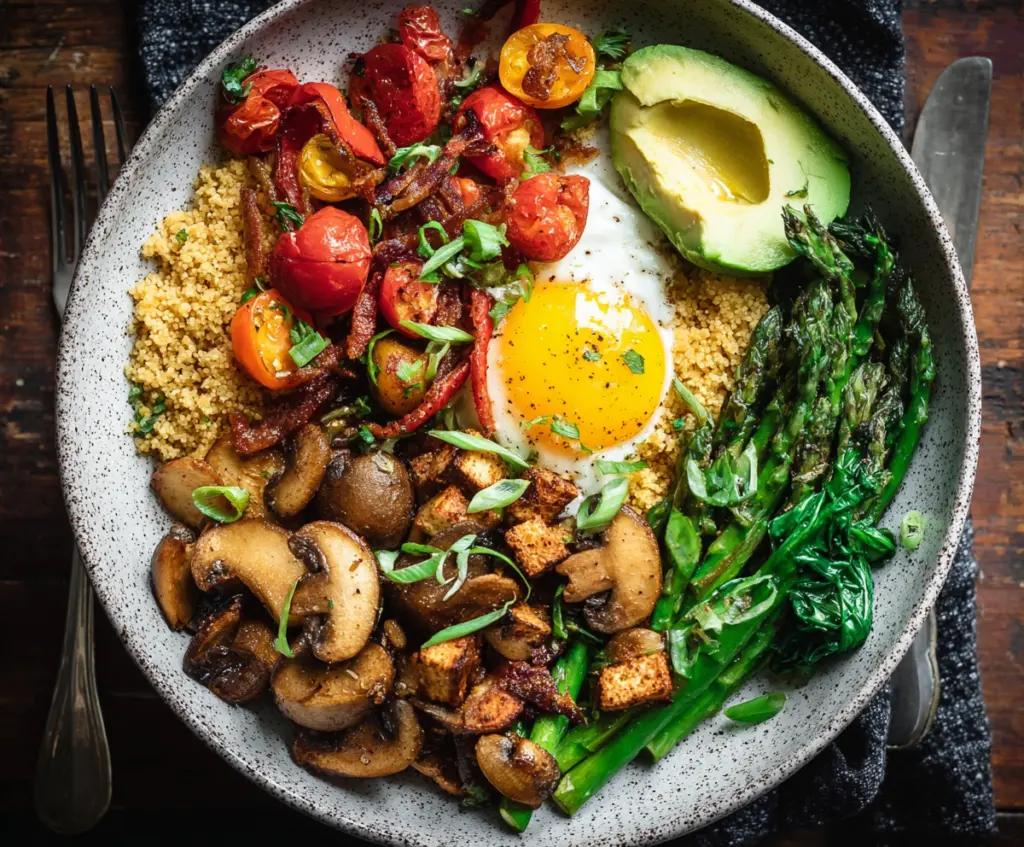 Colorful Veggie Breakfast Bowl with fresh vegetables and eggs for a healthy morning meal.