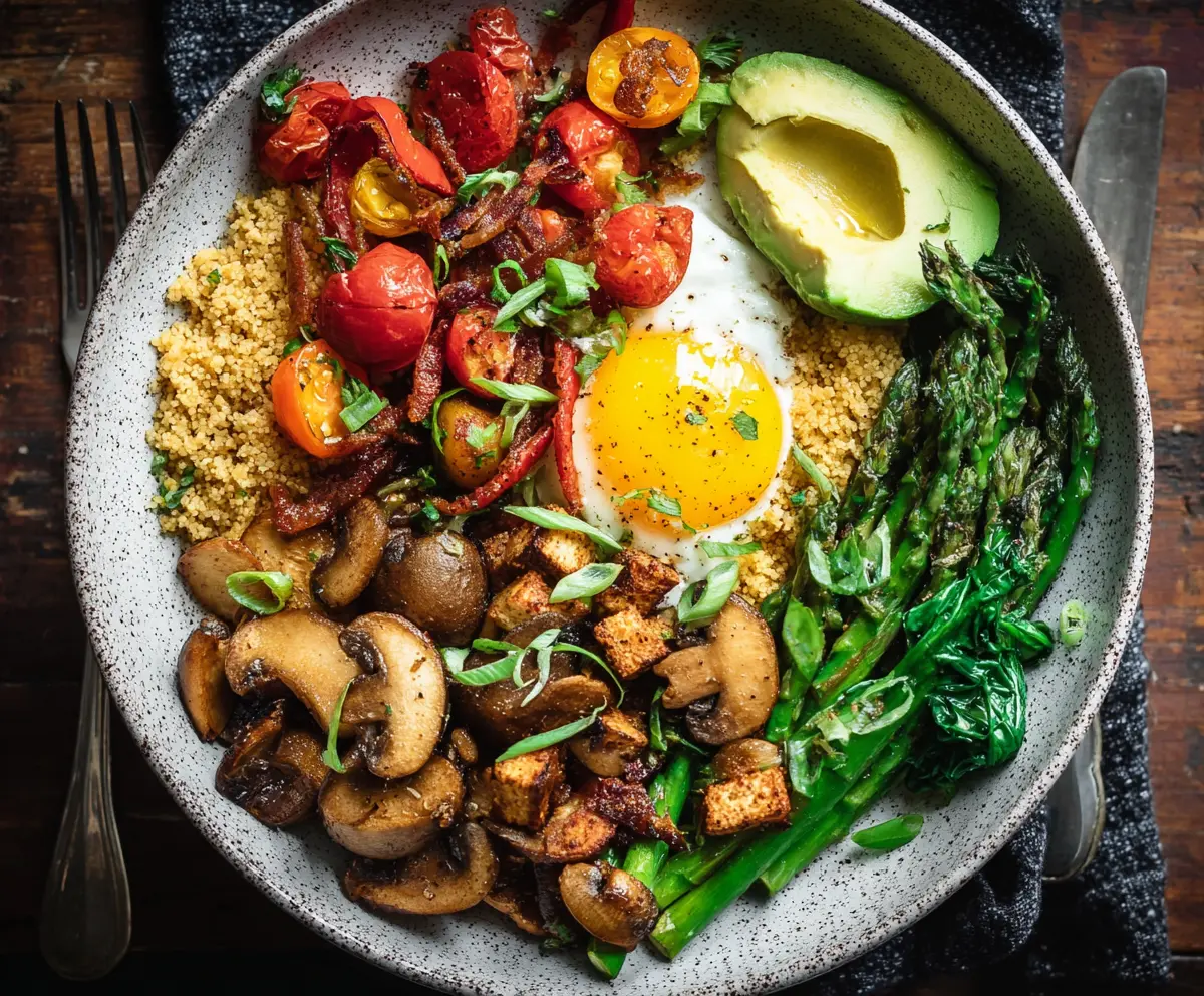 Colorful Veggie Breakfast Bowl with fresh vegetables and eggs for a healthy morning meal.