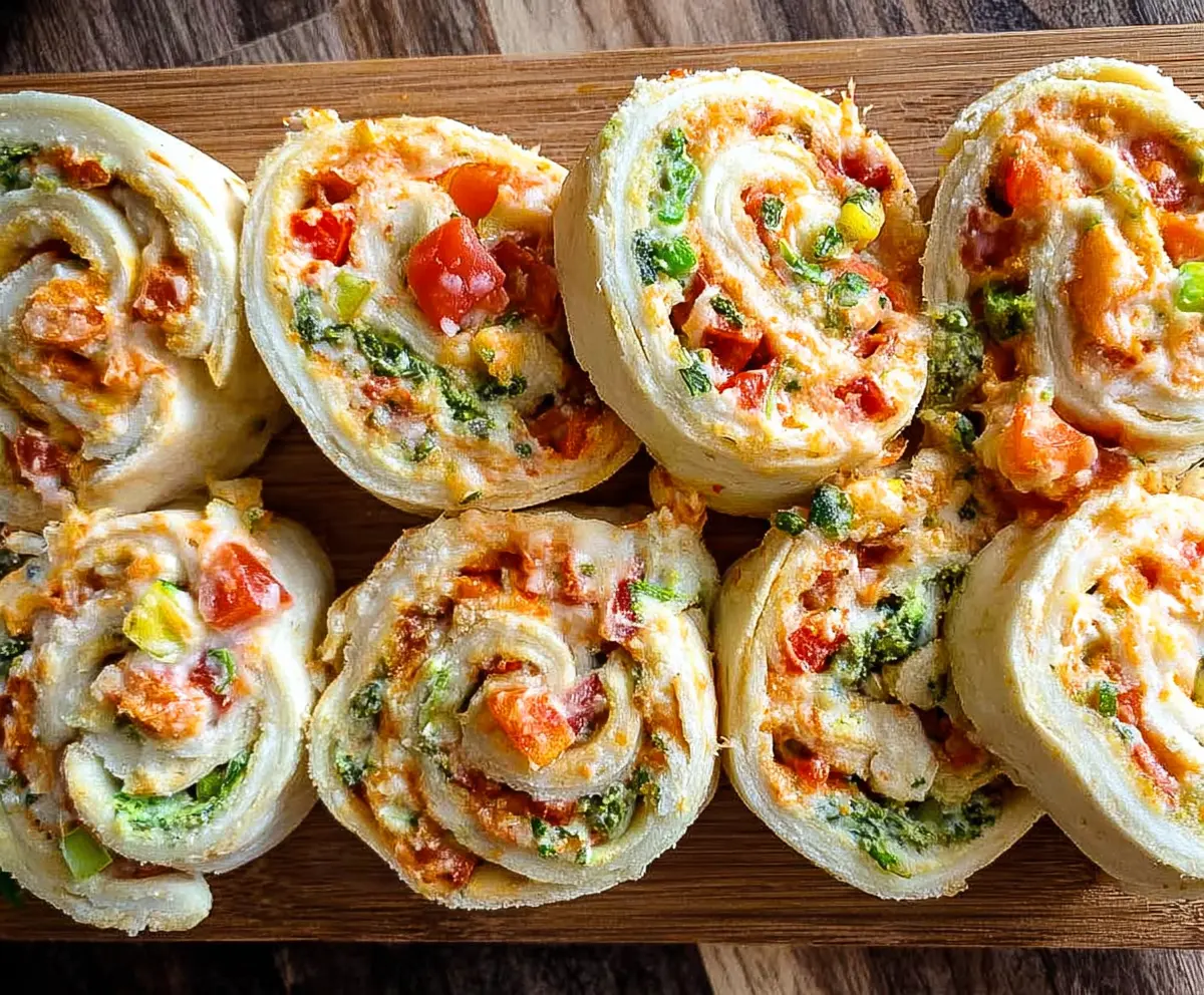 Delicious veggie pizza pinwheels with colorful vegetables and melted cheese on a crispy pastry crust.