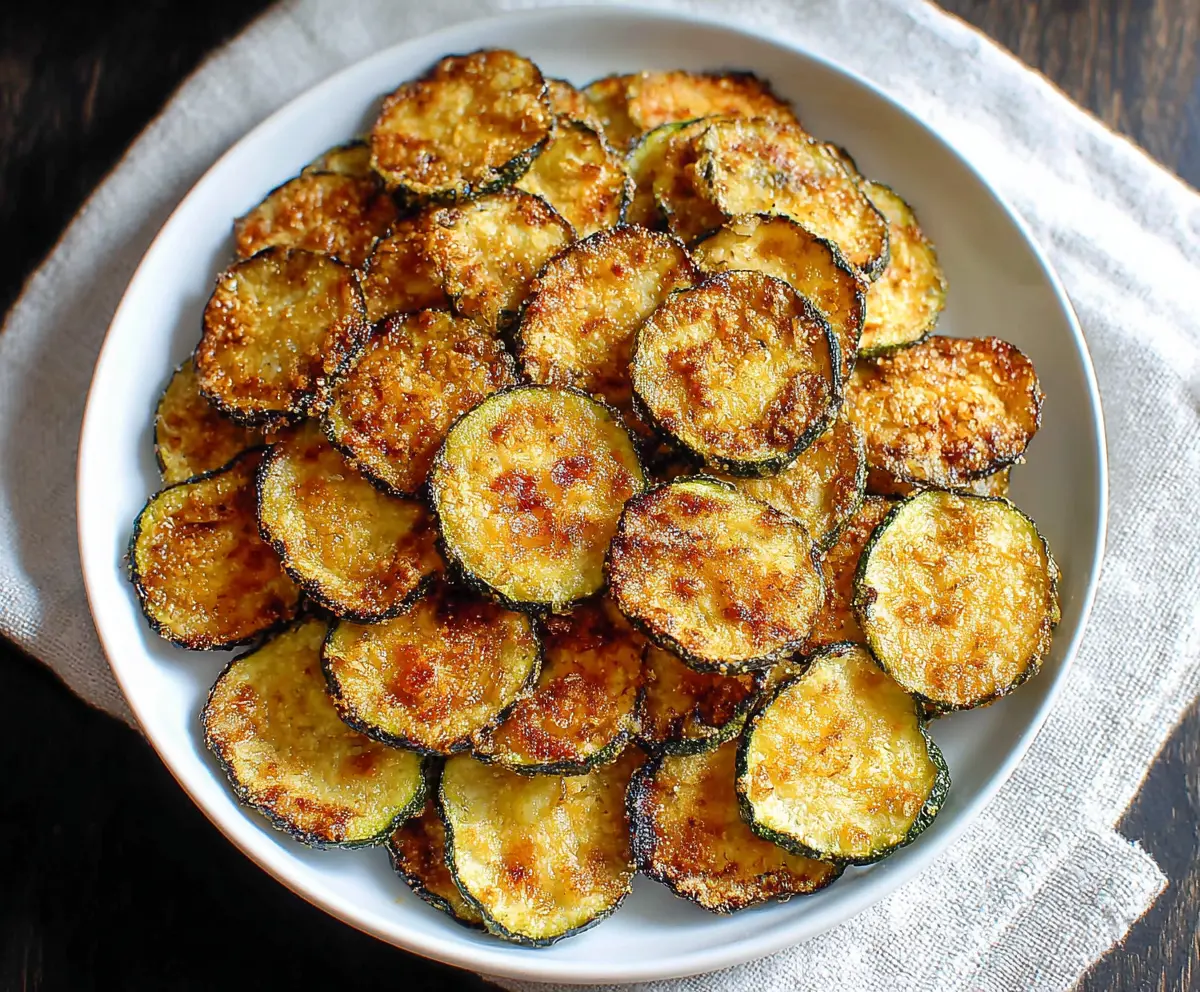 Crispy baked zucchini chips on a white plate for a healthy snack