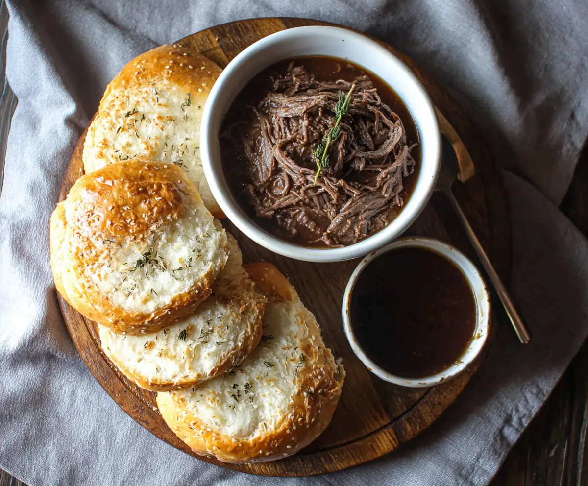Delicious 5 Ingredient Beef Dip served in a bowl with fresh herbs and crispy bread slices.