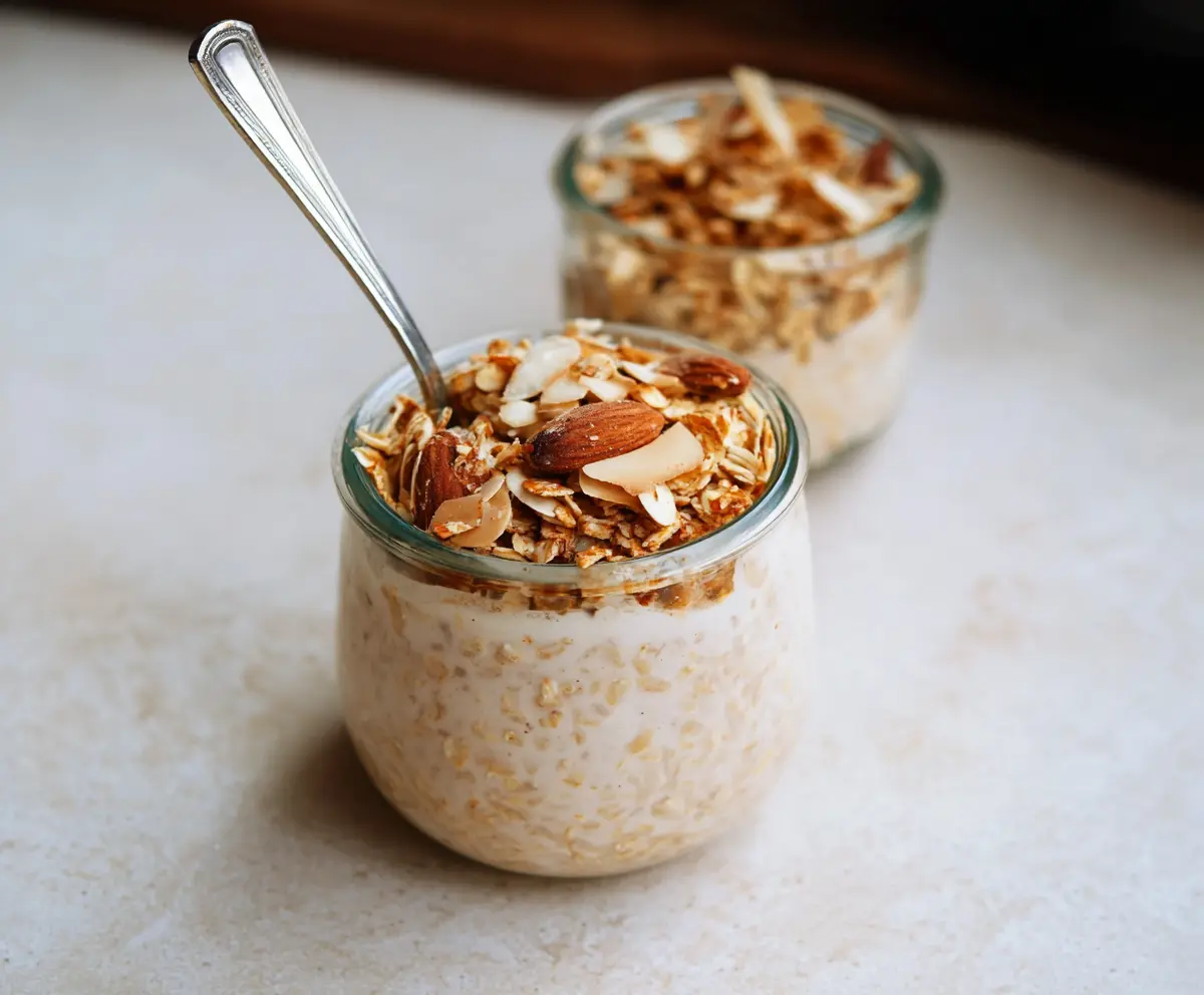 Delicious Almond Croissant Overnight Oats in a glass jar topped with sliced almonds and fresh berries