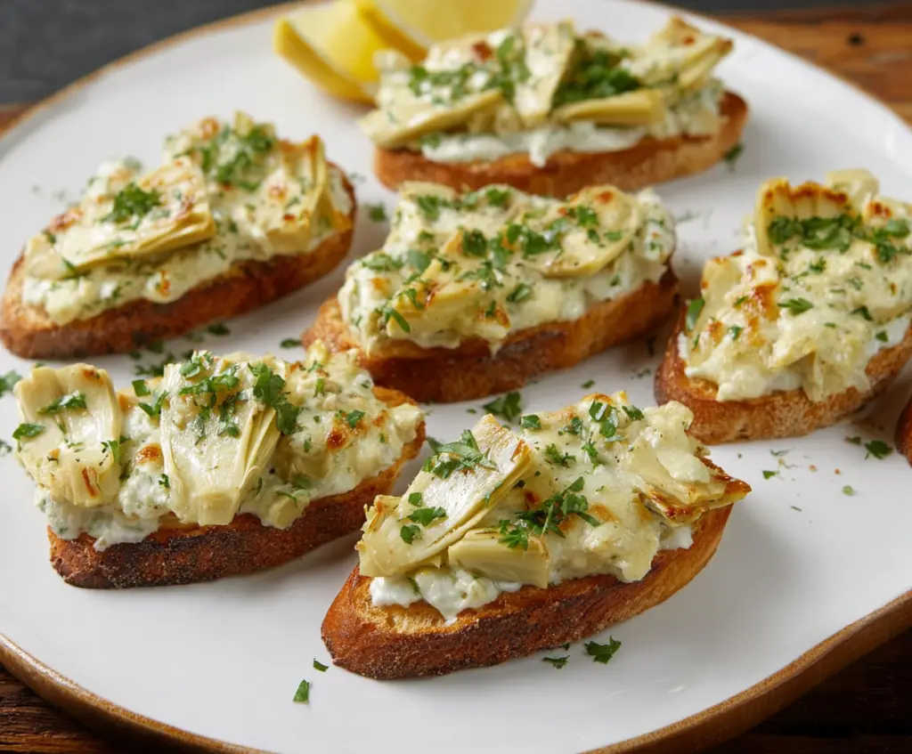 Delicious artichoke bruschetta topped with herbs on toasted baguette slices