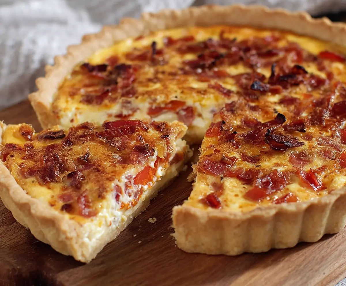 Delicious bacon and cheese quiche slice on a plate, showcasing golden crust and melted cheese filling.