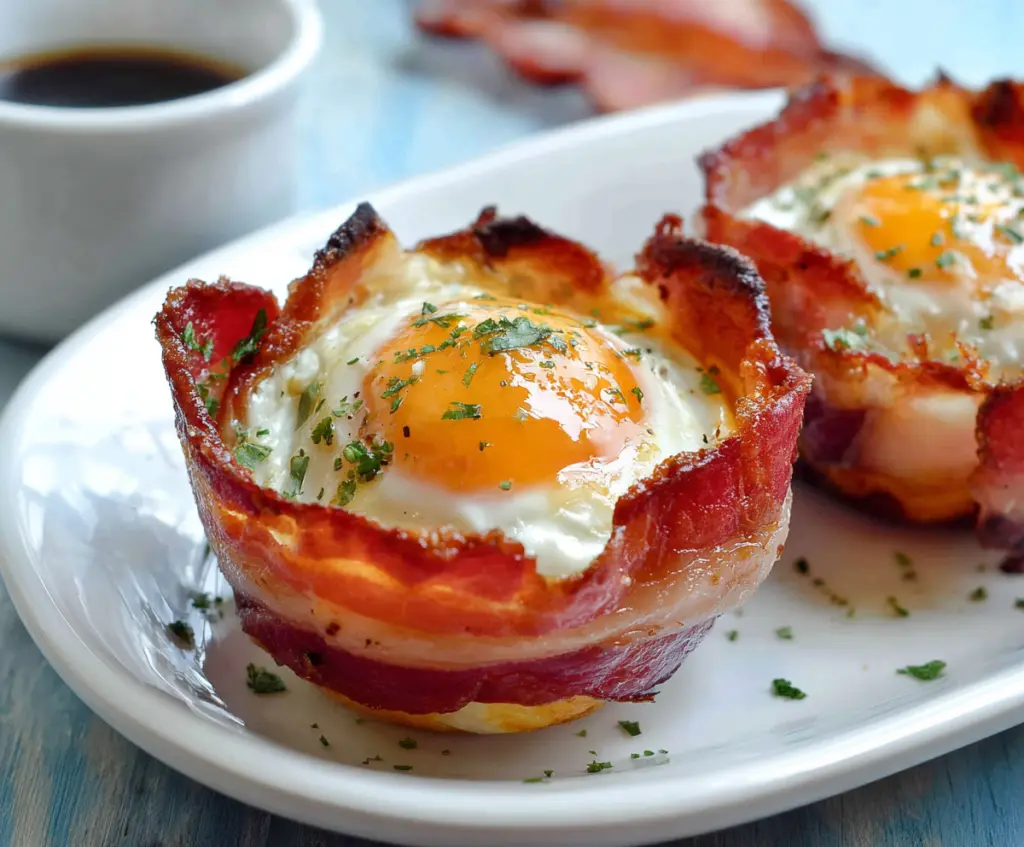 Delicious bacon and egg breakfast cups served in a muffin tin, perfect for a hearty morning meal.