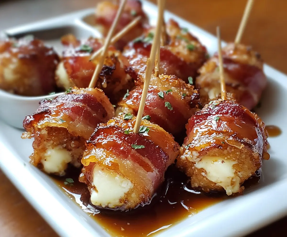 Delicious bacon mozzarella poppers drizzled with sweet maple glaze on a serving platter.