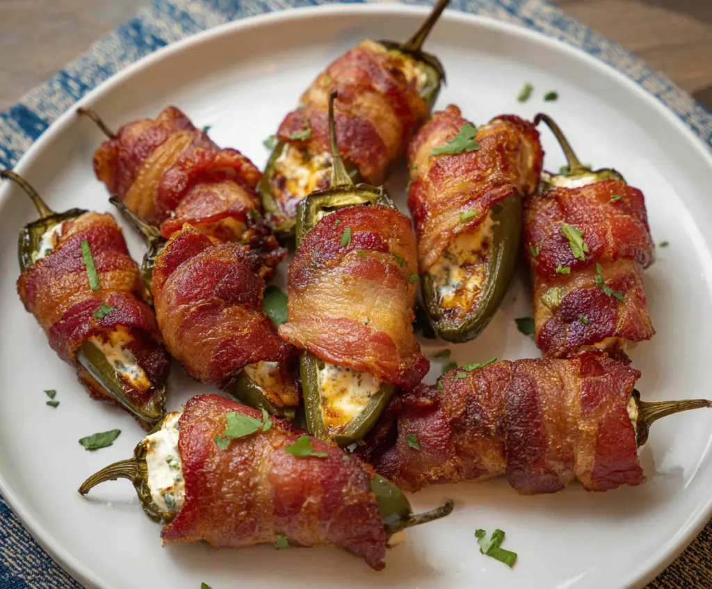 Delicious bacon-wrapped jalapeño poppers stuffed with cheese, perfect as a spicy appetizer.