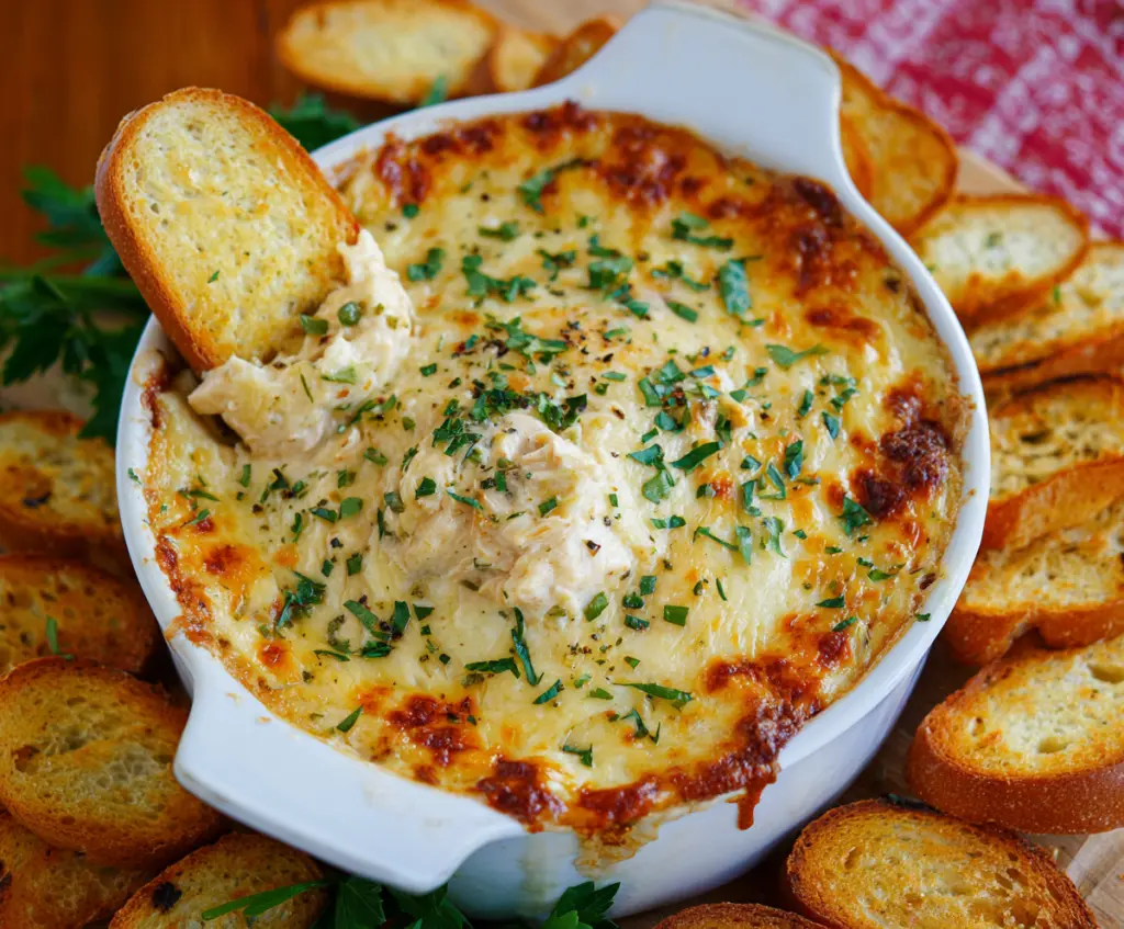 Delicious Baked Chicken Alfredo Dip with creamy sauce and melted cheese served in a baking dish.