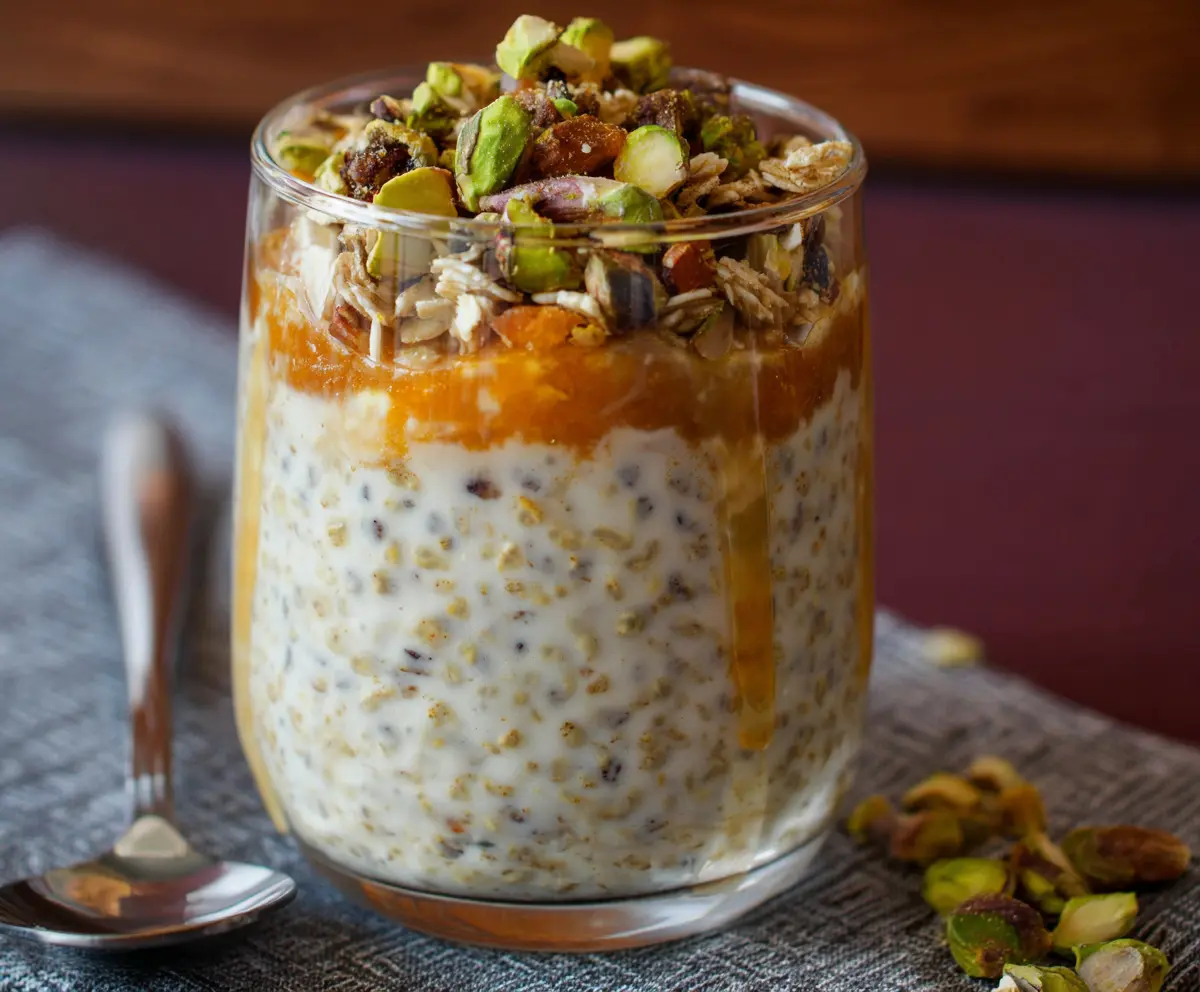 Delicious Baklava Overnight Oats topped with nuts and honey for a nutritious breakfast