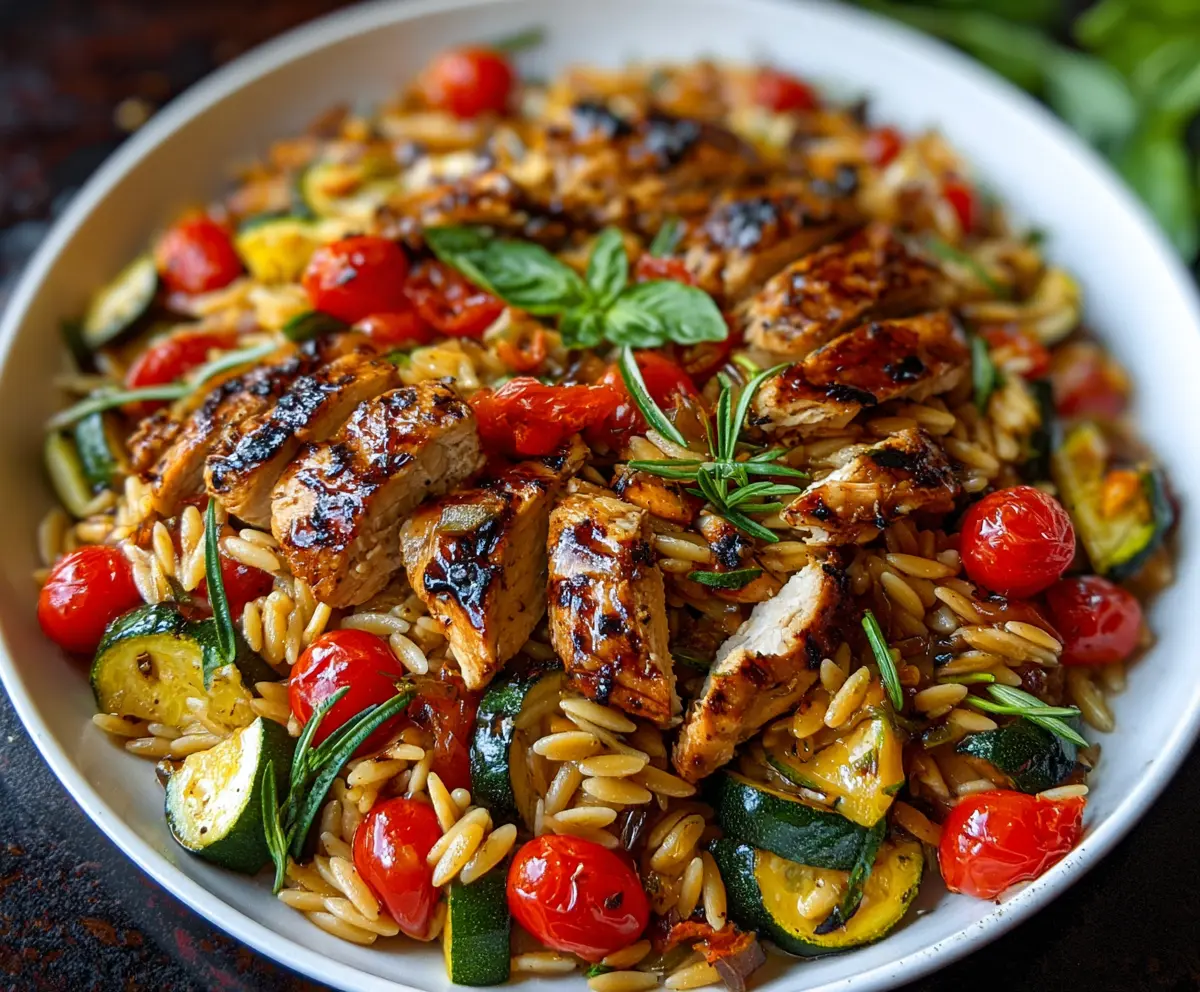Delicious Balsamic Chicken and Veggie Orzo served on a white plate with fresh herbs