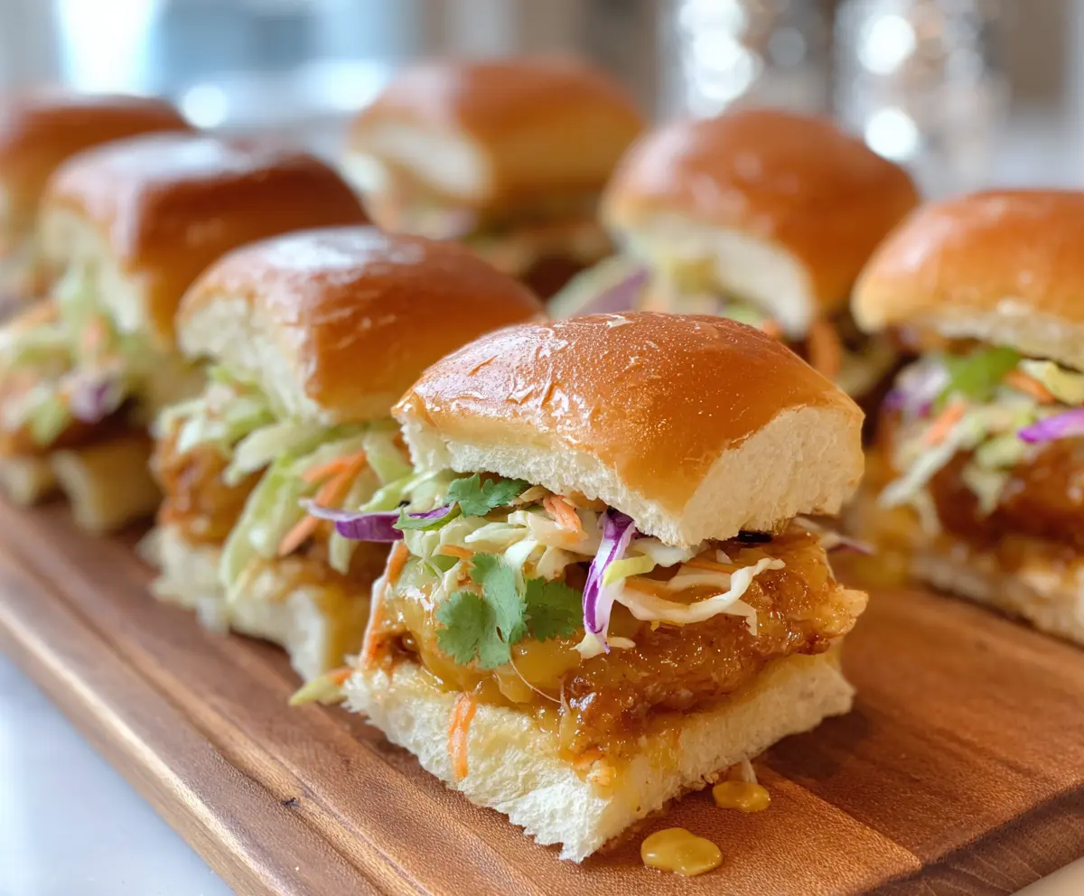 Delicious Bang Bang Chicken Sliders with crispy chicken and spicy mayo on slider buns