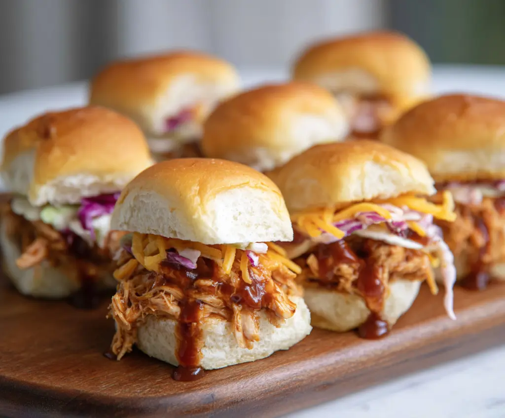 Delicious BBQ chicken sliders with melted cheese and fresh toppings on a wooden serving board