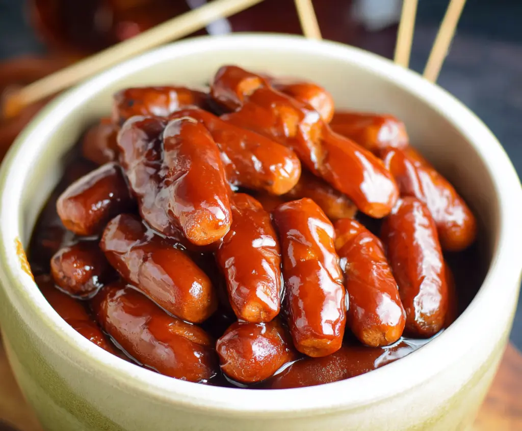 Delicious BBQ Little Smokies in a crock pot, perfect for a party appetizer.