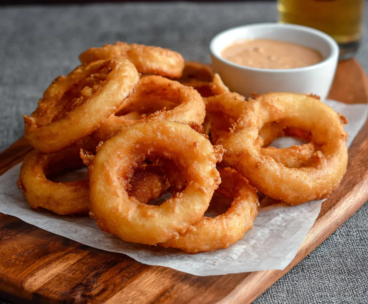Crispy beer battered onion rings served with a dipping sauce on a white plate.