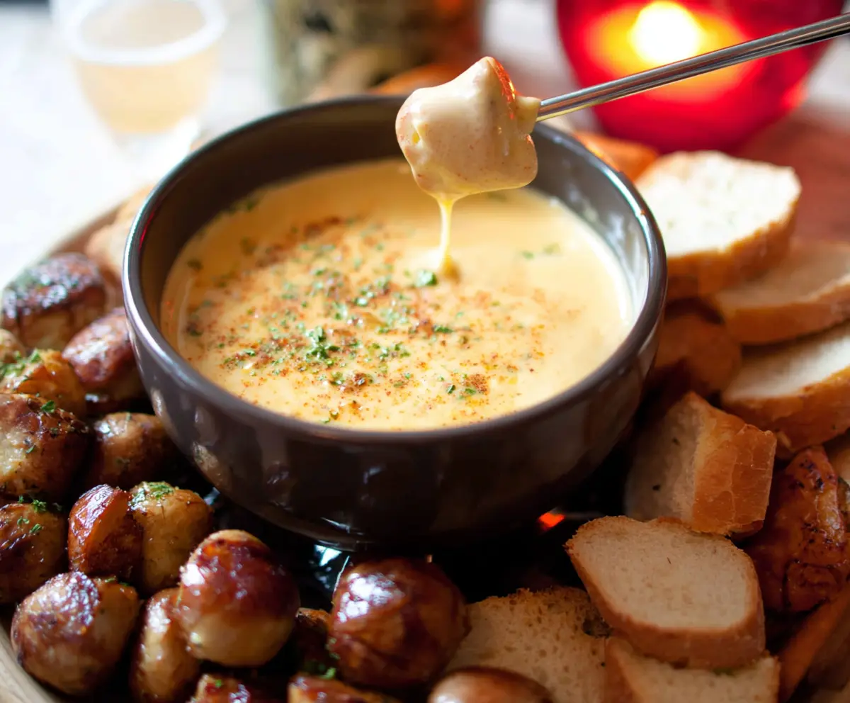 Creamy Beer Cheese Fondue served with bread and vegetables, perfect for sharing at parties.