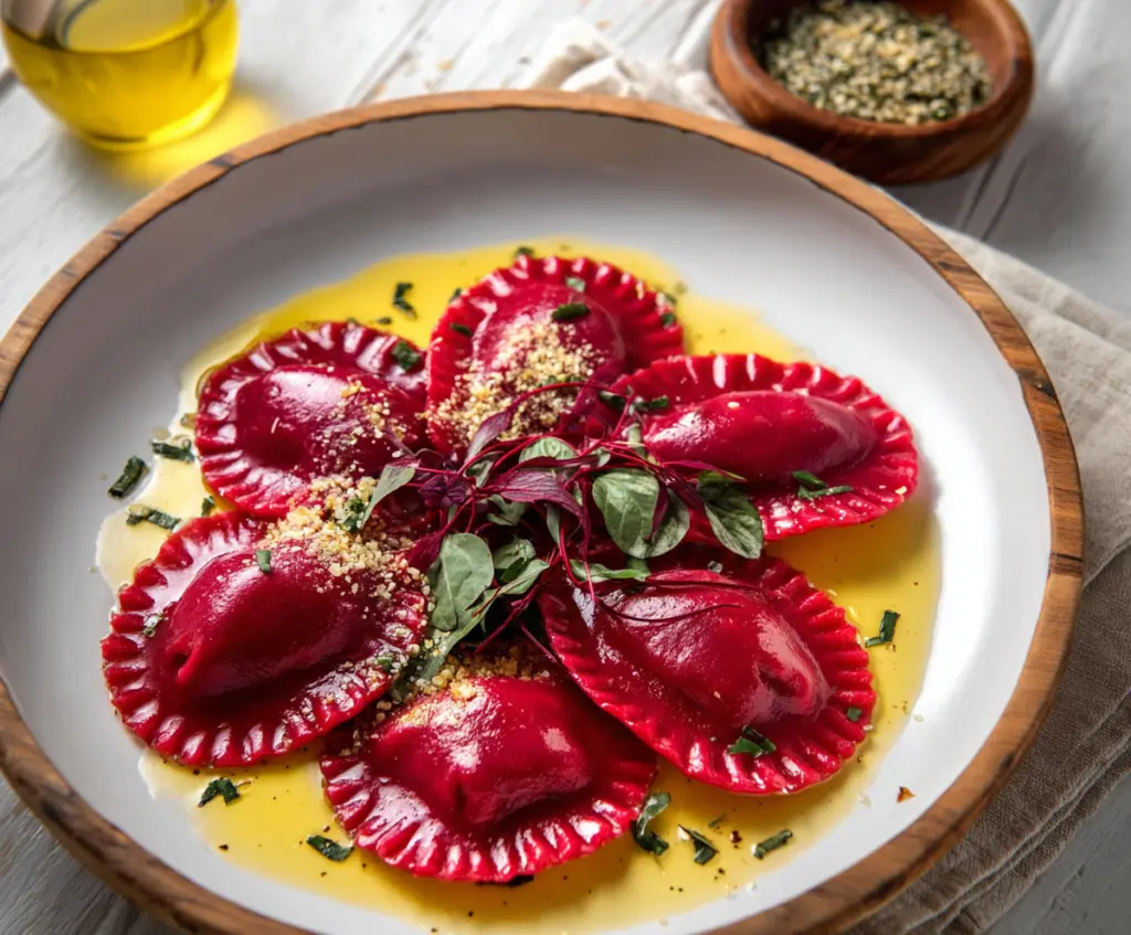 Delicious beet ravioli with vibrant red filling and fresh basil garnish on a rustic serving plate