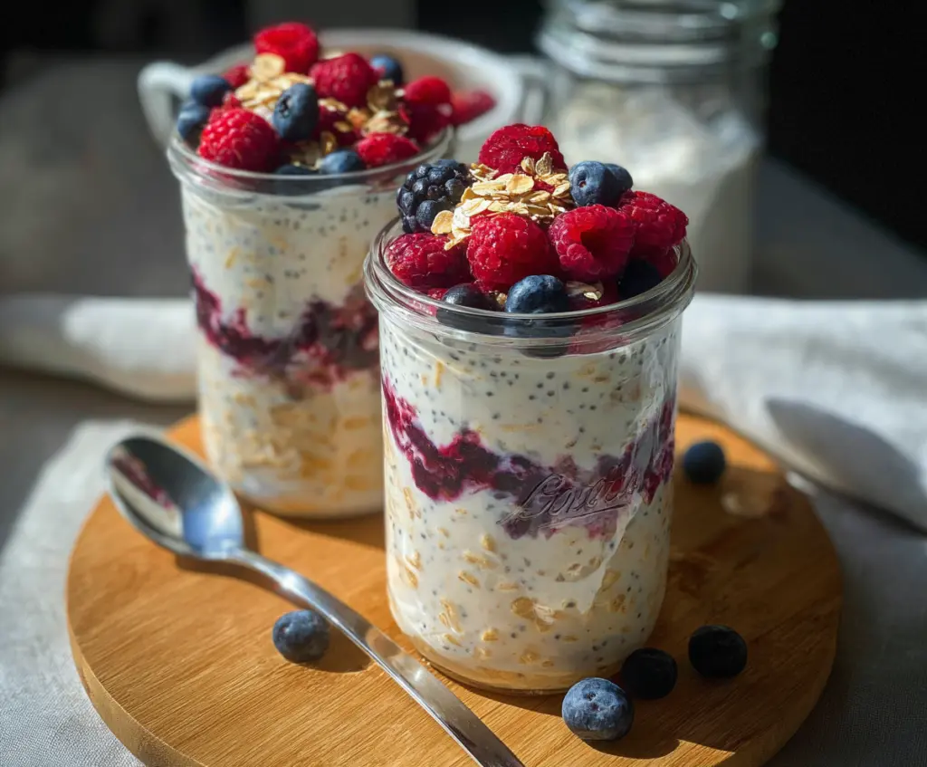 Creamy overnight oats topped with fresh mixed berries for a healthy breakfast