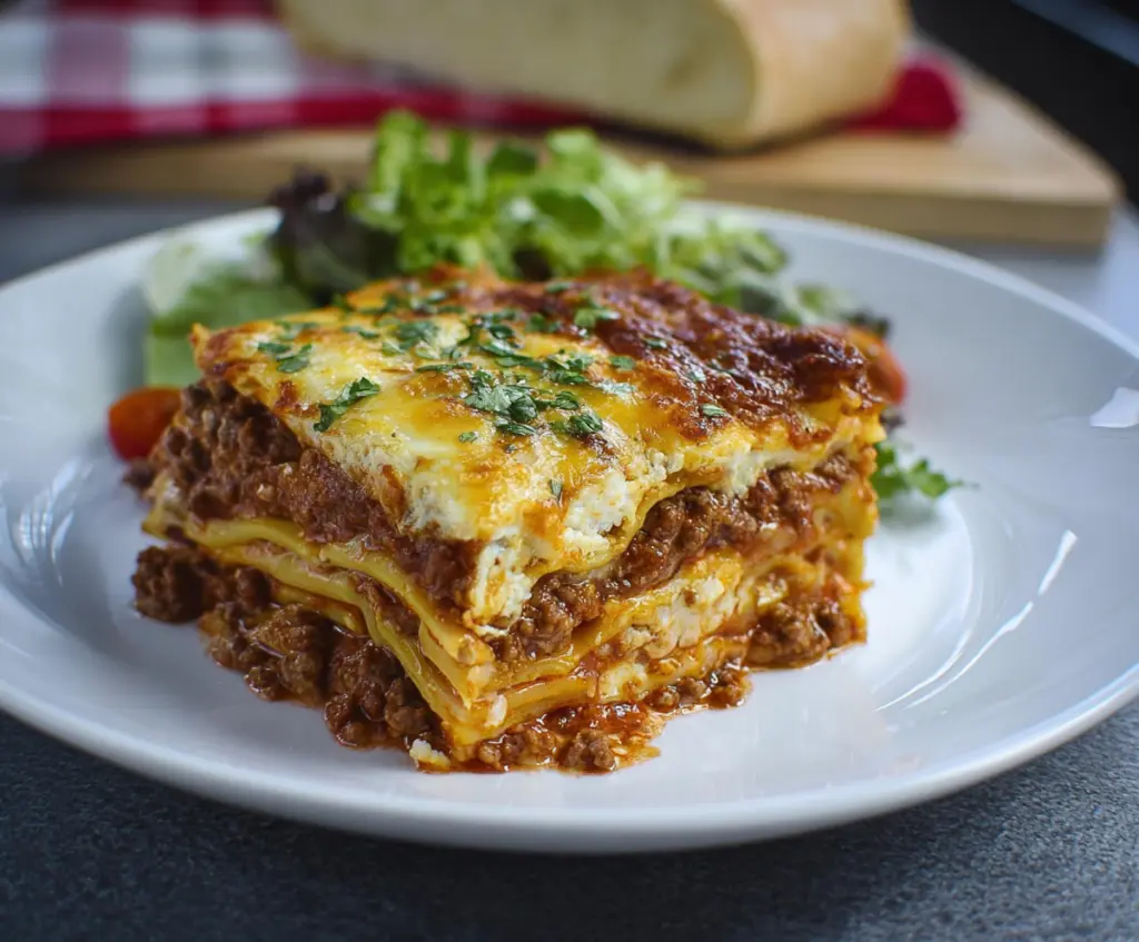 Delicious Bison Lasagna with layers of seasoned bison, rich cheese, and savory tomato sauce.