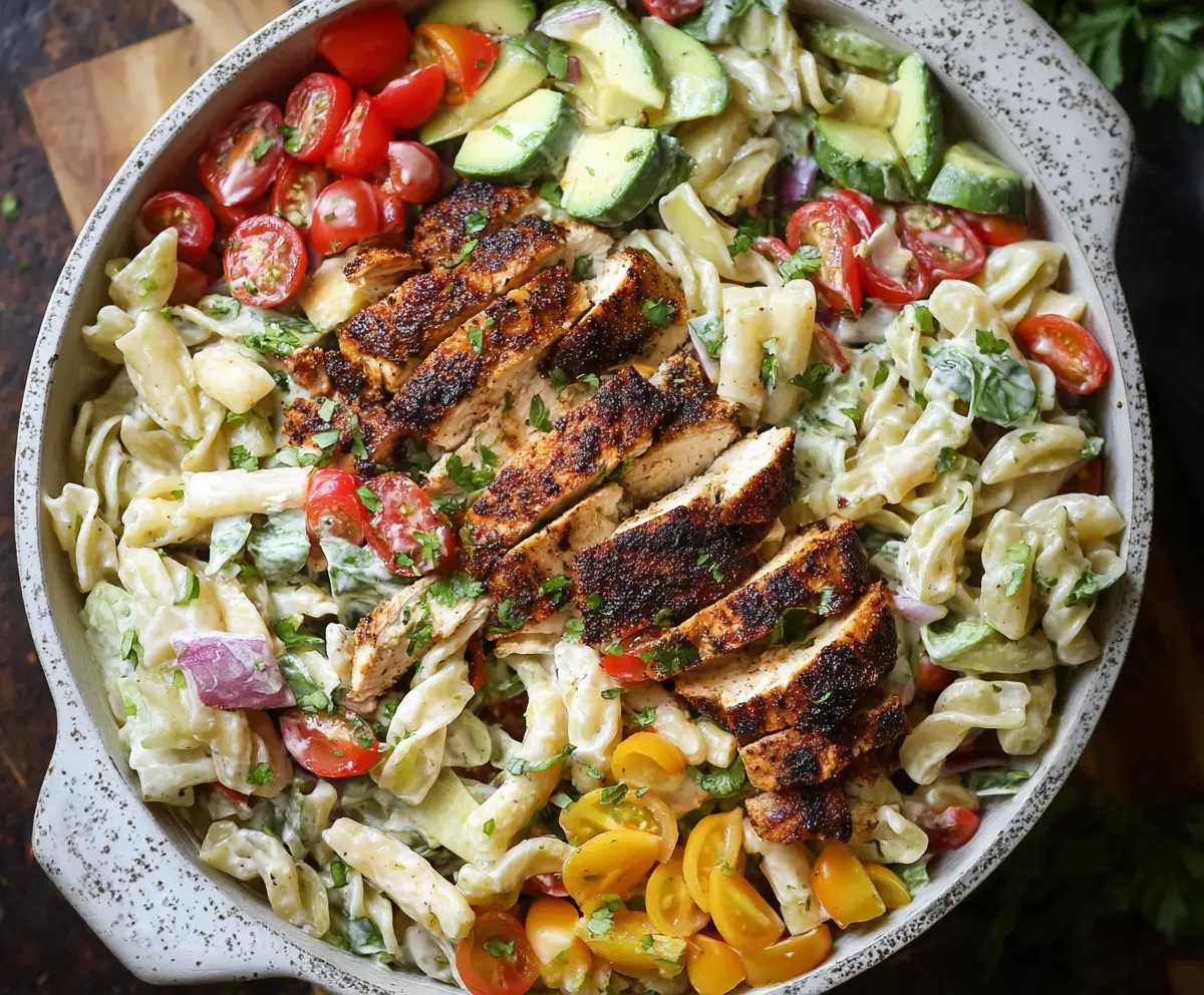 Delicious blackened chicken pasta salad garnished with herbs, perfect for a flavorful summer meal