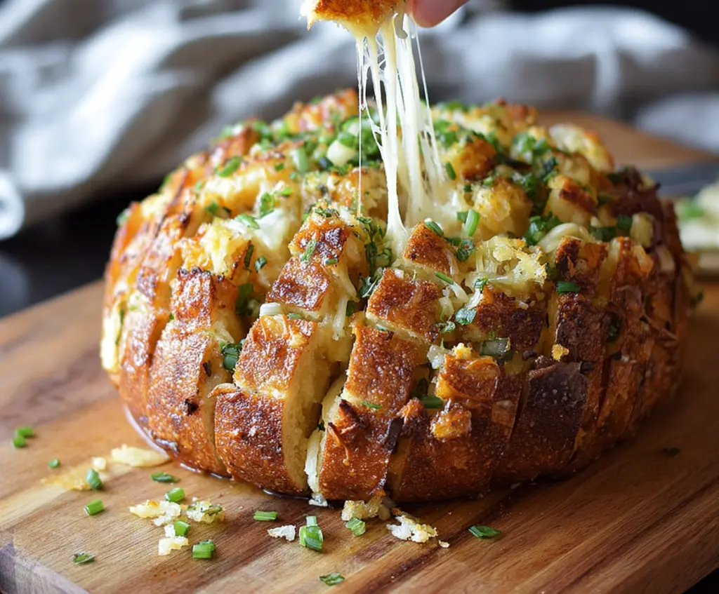 Golden Bloomin Onion Parmesan Bread served on a rustic plate, showcasing a crispy, cheesy appetizer with fresh herbs.