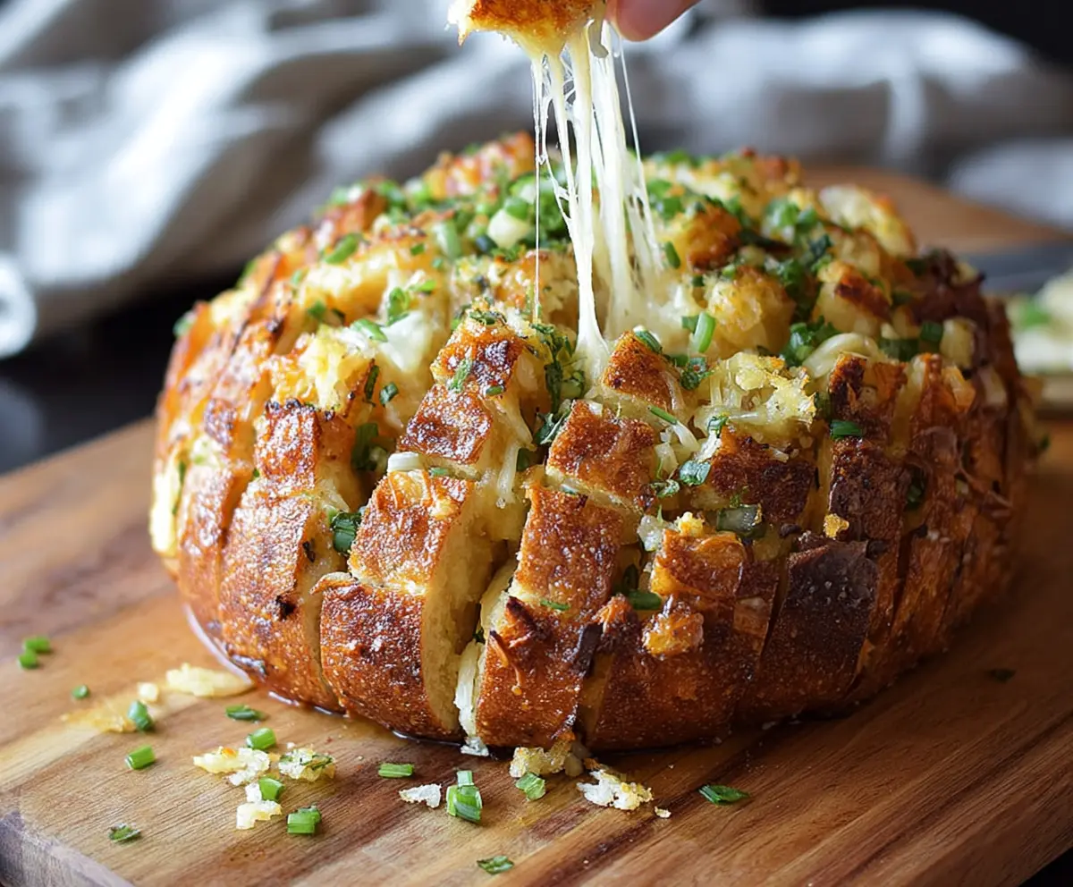 Golden Bloomin Onion Parmesan Bread served on a rustic plate, showcasing a crispy, cheesy appetizer with fresh herbs.