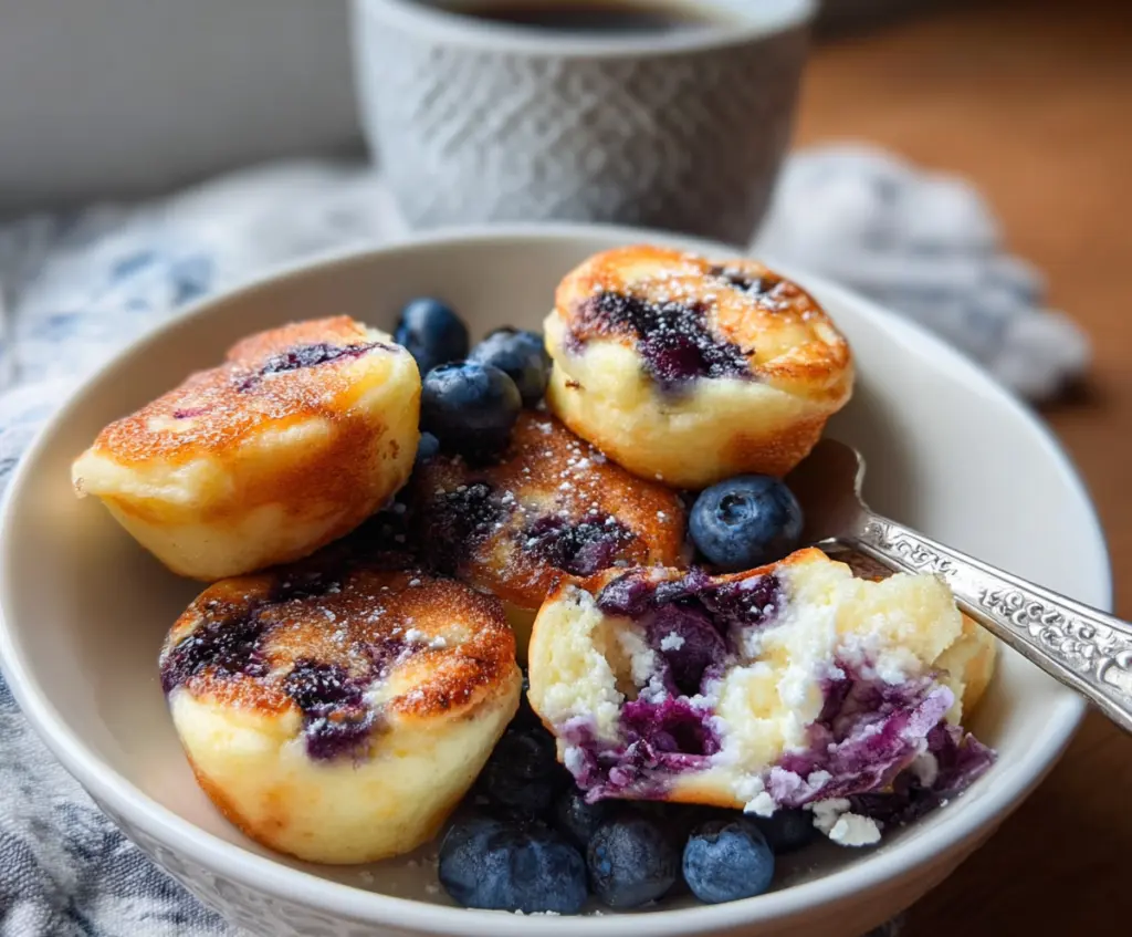 Delicious Blueberry Cottage Cheese Pancake Bites served on a plate with fresh blueberries and mint garnish.