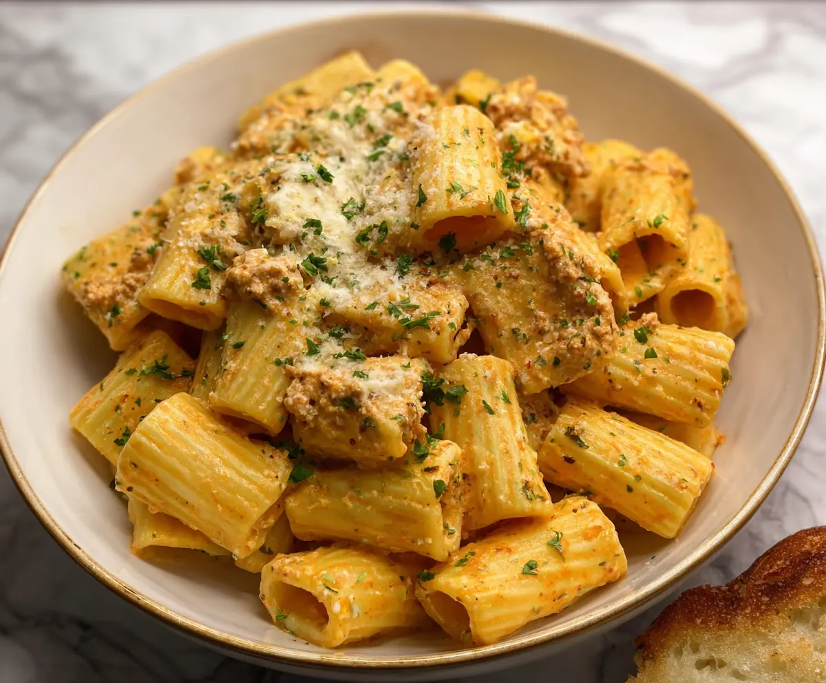 Creamy Boursin cheese rigatoni pasta dish with herbs and garlic