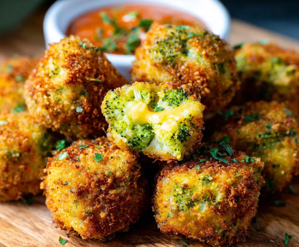 Delicious homemade broccoli cheddar poppers served on a plate, perfect for appetizer bites.