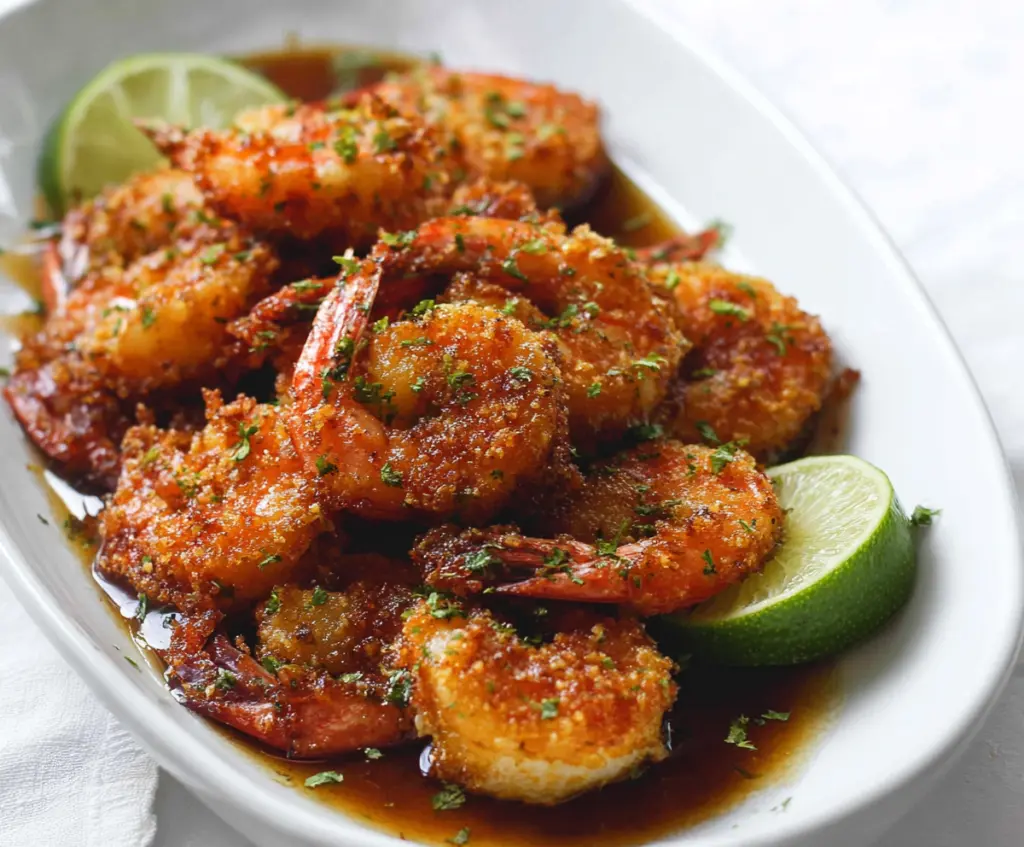 Delicious baked shrimp with brown sugar and lime on a plate, perfect for seafood lovers.