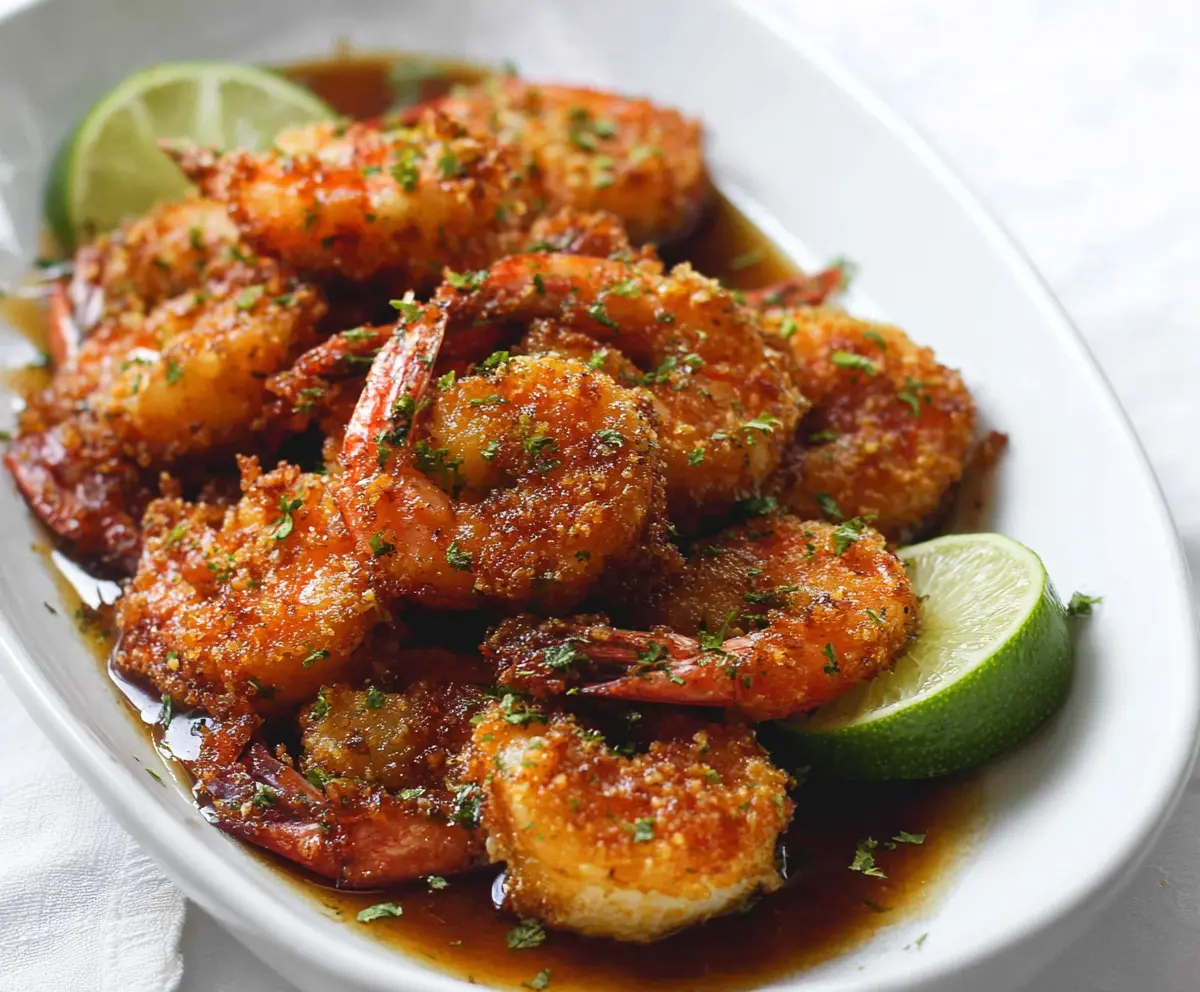 Delicious baked shrimp with brown sugar and lime on a plate, perfect for seafood lovers.