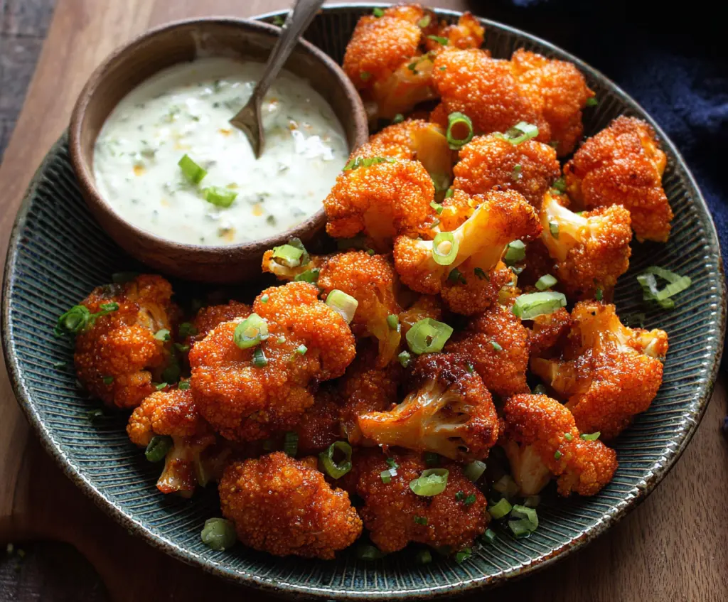 Crispy Buffalo Cauliflower Bites served with a side of dipping sauce on a plate.