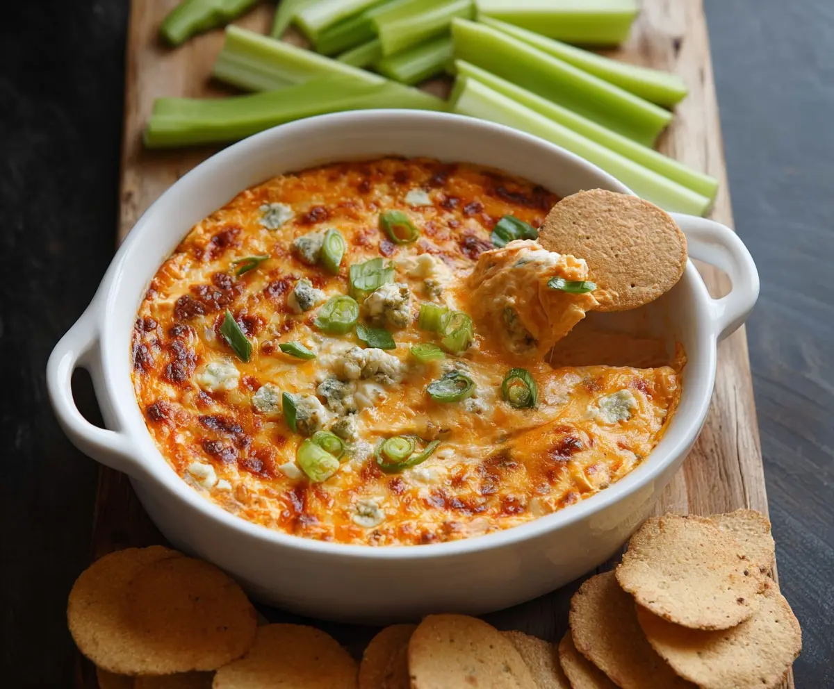 Creamy buffalo chicken dip served with chips, perfect for parties and game day snacks.