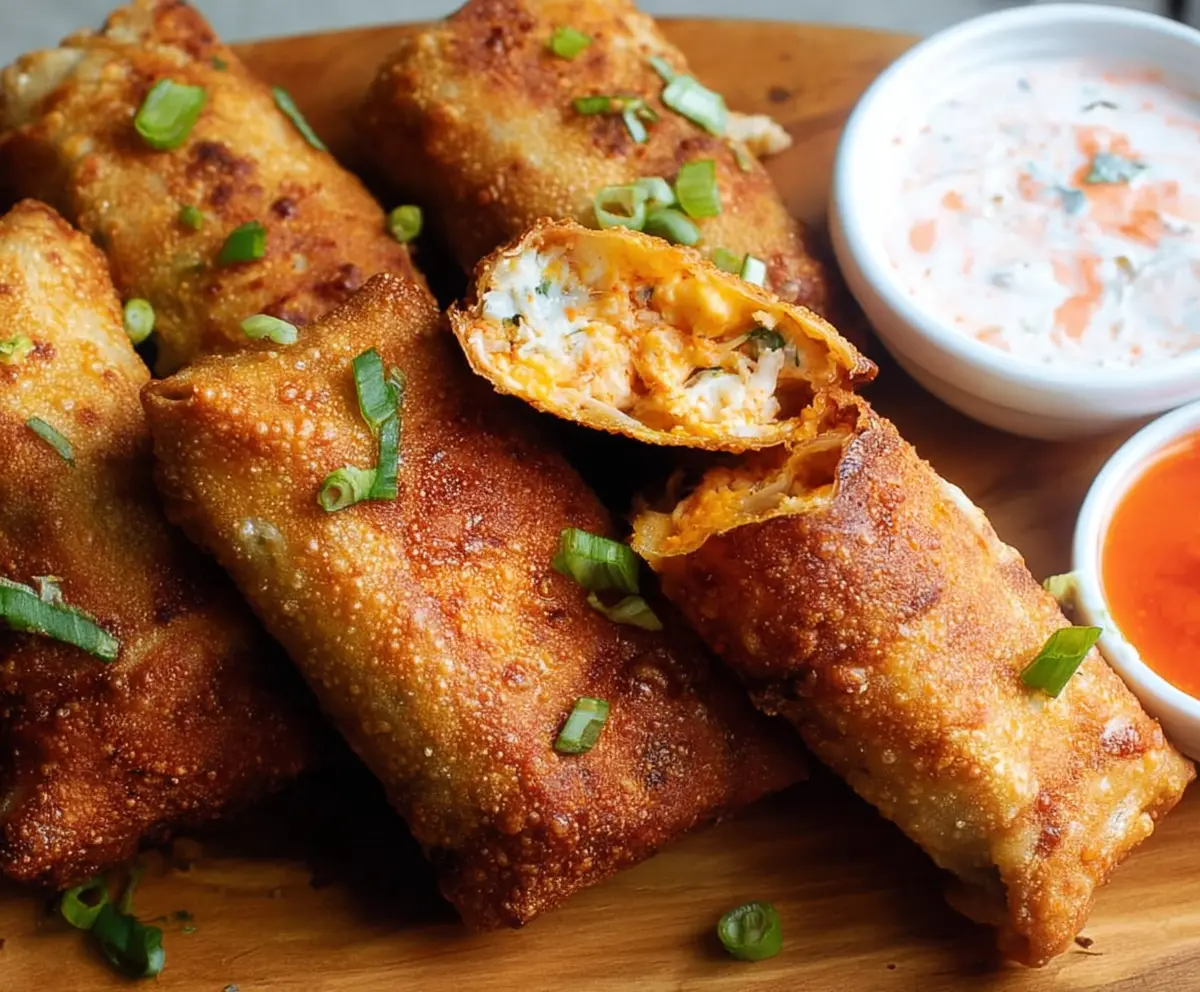 Crispy Buffalo Chicken Egg Rolls served with blue cheese dip on a white plate.