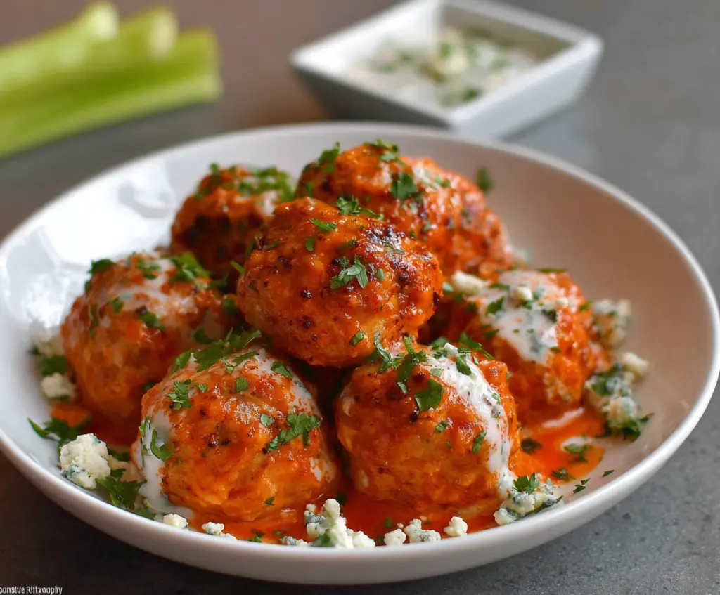 Delicious buffalo chicken meatballs served with a spicy buffalo sauce and fresh green herbs.