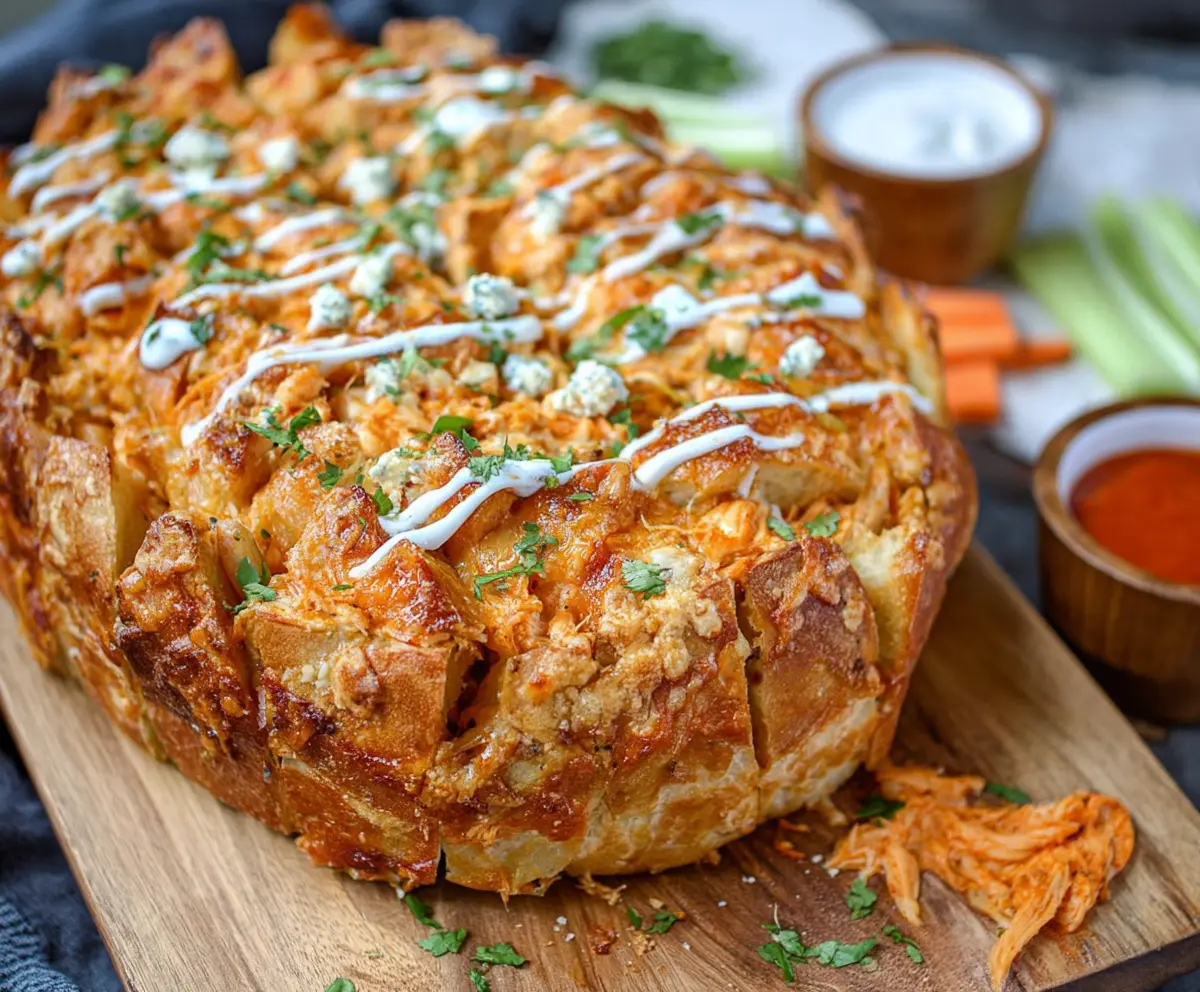 Delicious Buffalo Chicken Pull Apart Bread with melted cheese and spicy buffalo sauce topping.