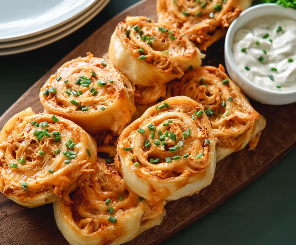 Buffalo Chicken Ranch Pinwheels on a serving platter, showcasing spicy chicken and creamy ranch filling in spiral slices.