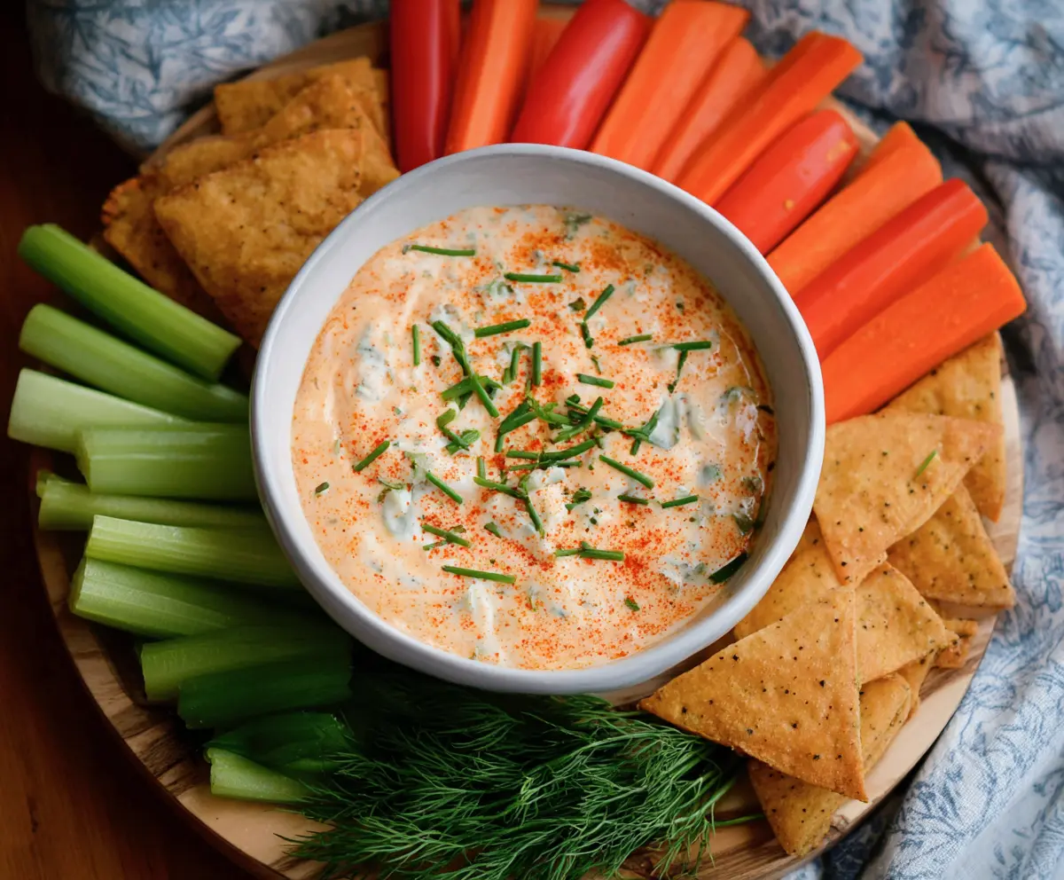 Creamy Buffalo Ranch Dip served with vegetable sticks and chips