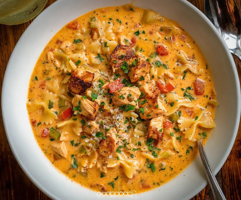 A bowl of Cajun Chicken Soup Pasta featuring tender chicken, spicy Cajun seasonings, and creamy pasta, served garnished with herbs.