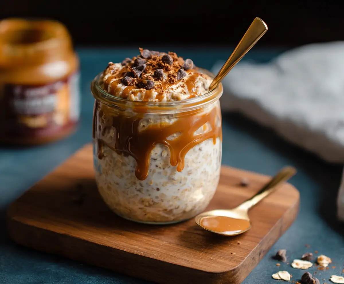 Creamy Caramel Macchiato Overnight Oats in a glass jar with a caramel drizzle and coffee swirls