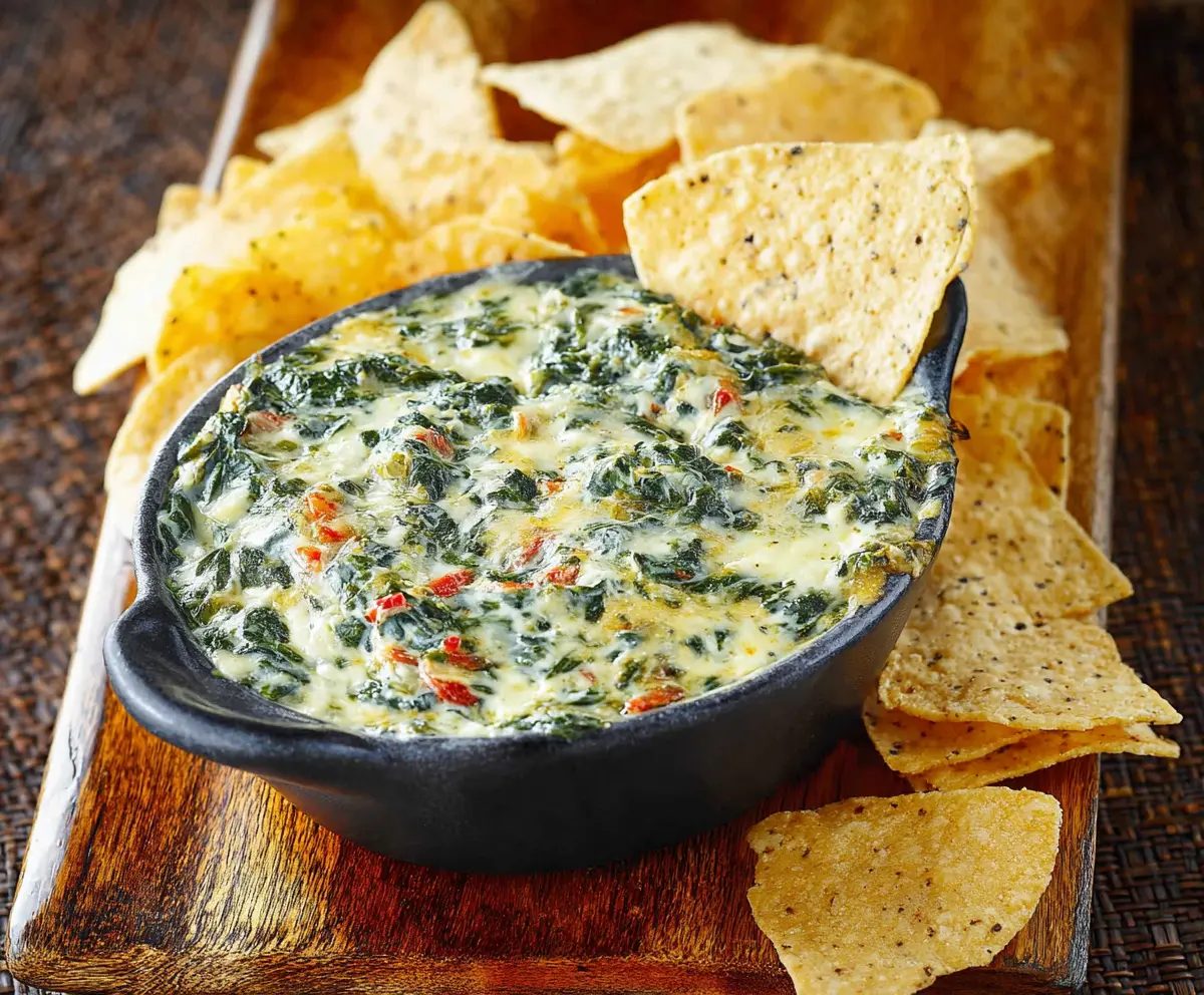 Delicious Cheddars Santa Fe Spinach Dip served in a bowl with chips for dipping.